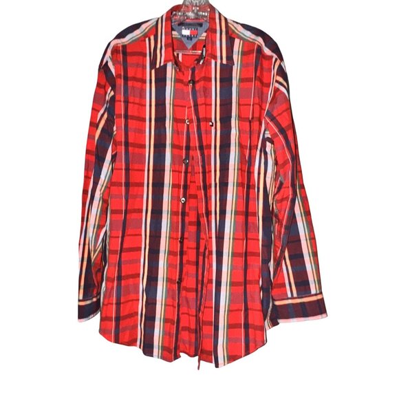 Tommy Hilfiger Jeans Red & Navy Plaid Long Sleeve Button-Up Shirt L color block - Picture 1 of 8